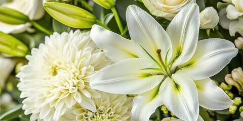 Fototapeta premium A close-up of white lilies with green accents, surrounded by other white flowers and green foliage, creating a lush and vibrant floral arrangement.