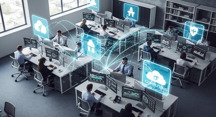 Open office with employees working at desks connected by digital icons representing cloud computing, security, and AI. Modern workspace, technology integration.