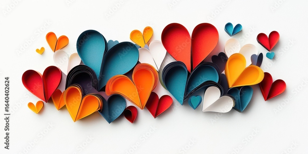 Poster a collection of colorful paper hearts arranged on a white background, creating a visually striking a