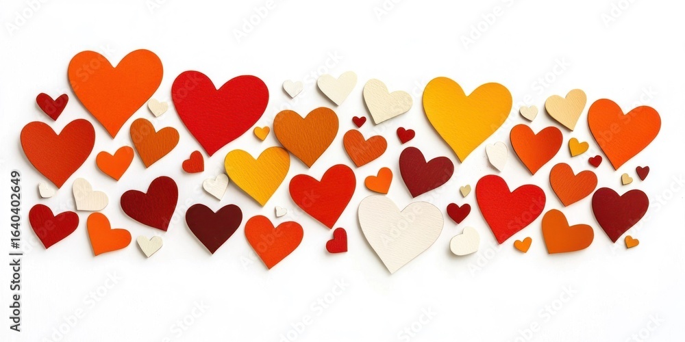 Poster a collection of colorful paper hearts arranged in a pattern on a white background.