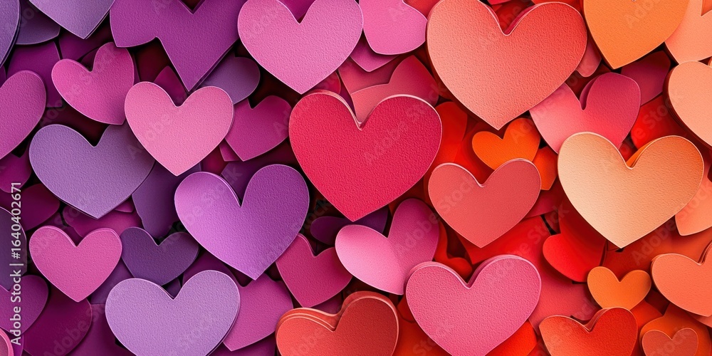 Poster a collection of paper hearts in various shades of pink and red, arranged in a dense, overlapping pat