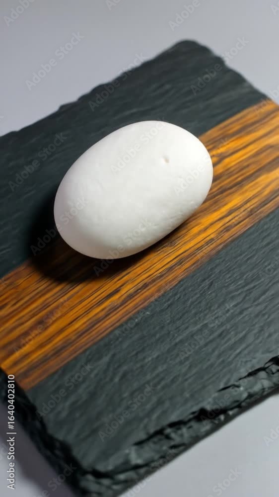Poster minimal white stone object resting on dark textured wood and slate surface with neutral lighting and