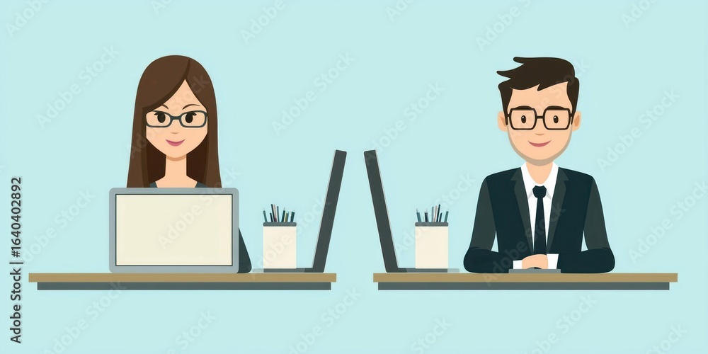 Poster two individuals working in a virtual office environment, separated by a desk with computers and plan
