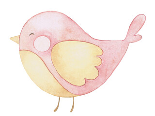 Tierno pajarito pintado a mano en acuarela en colores rosa y amarillo
