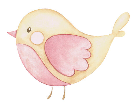 Tierno pajarito pintado a mano en acuarela en colores rosa y amarillo