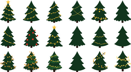 Christmas tree icon collection, festive holiday tree designs, decorative pine elements, ornamented evergreen illustrations, seasonal vector art, cad drawing flat vector illustration, winter decor