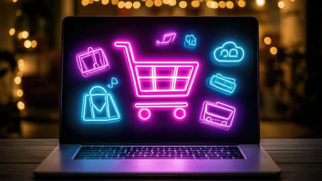 Laptop with neon shopping cart icon. Online retail concept. Digital promotion Black Friday and cyber monday sales. Shopping Friday, Day After Thanksgiving - Global Discount Day, November Sales Event