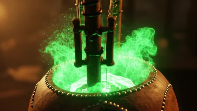 Mysterious green potion bubbling in a wooden cauldron