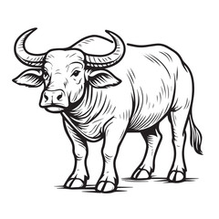 Vector illustration of a buffalo in black and white style with bold black outline, highlighting its horns, sturdy body, and strong presence.

