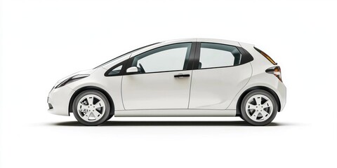 Obraz premium A compact white hatchback car with black trim and silver alloy wheels, positioned against a plain white background, highlighting its design and features.