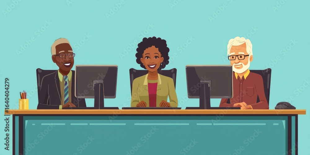 Poster three individuals working at a desk with computers, smiling and engaged in their tasks. the setting 