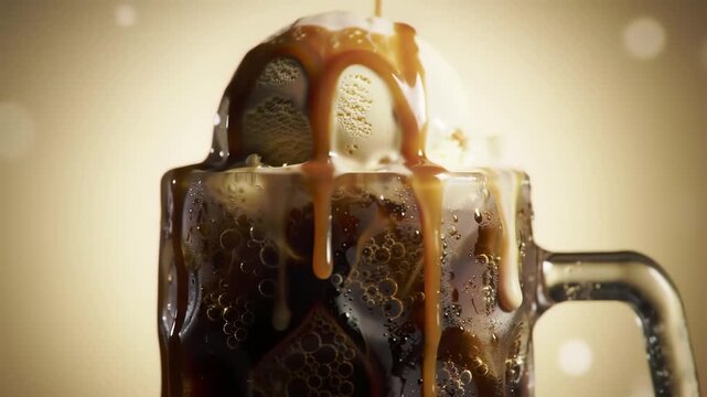 A close-up of a root beer float, with ice cream and caramel topping.