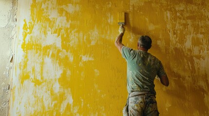 Obraz premium A painter carefully spreading yellow paint on a wall inside a home.