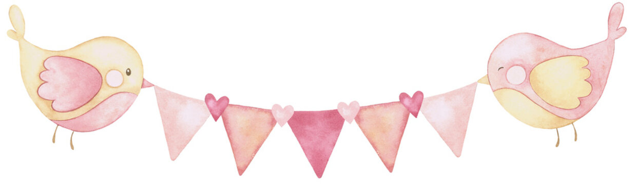 Guirnalda banner decorativa de San Valentin con corazones  en colores rosa, pintado a mano en acuarela. Ideales para tarjetas y decoraciones