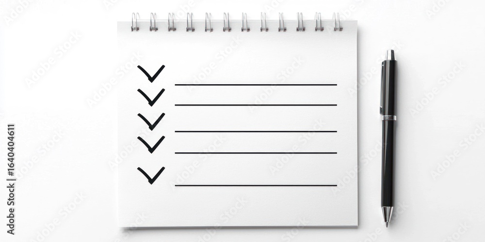 Poster a checklist on a spiral-bound notebook with a pen beside it, set against a plain background.