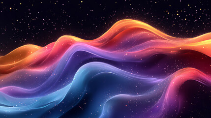 Abstract, vibrant, flowing, colorful, wavy lines against a starry night background