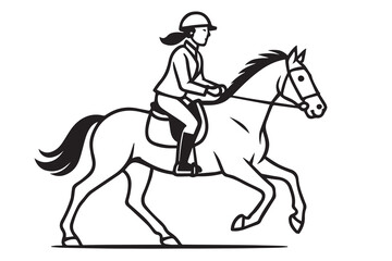 Minimalist vector design showing a female horseback riding athlete, rendered in black and white with bold black outline, emphasizing grace and determination.

