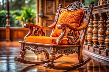 Serene Antique Rocking Chair with Orange Cushions - Traditional & Modern Blend