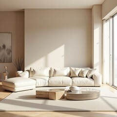 Contemporary minimalist parlor with neutral tones sleek leather sofa glass coffee table and natural daylight