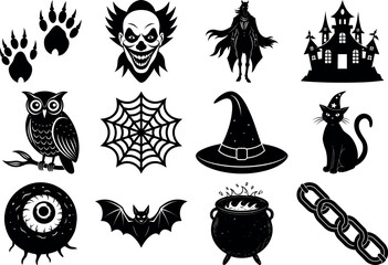 Halloween silhouettes set. haunted castles, witches, ghosts, pumpkins, spiders, skull. Collection of Halloween vector