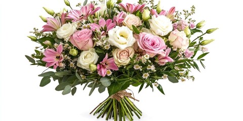 A bouquet of flowers with a mix of pink and white blooms, tied with a rustic twine ribbon, set against a white background.