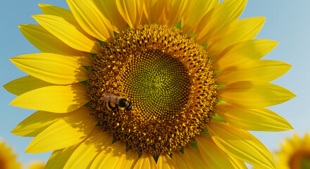 Bright Sunflower With A Honeybee Collecting Pollen Under Clear Sky