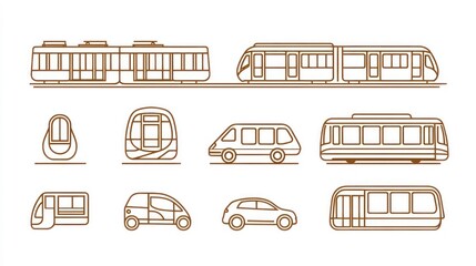 A set of line art icons depicting various modes of public transportation, including trams, trains, buses, and a monorail, on a white background.