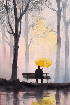 Watercolor Silhouette of Person on Park Bench with Umbrella, Generative AI