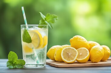 Fototapeta premium Refreshing Lemonade Beverage with Lemons and Mint for Summer Refreshment