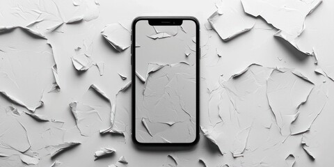 A smartphone with a cracked screen is placed on a textured, white surface with similar cracks scattered around it.