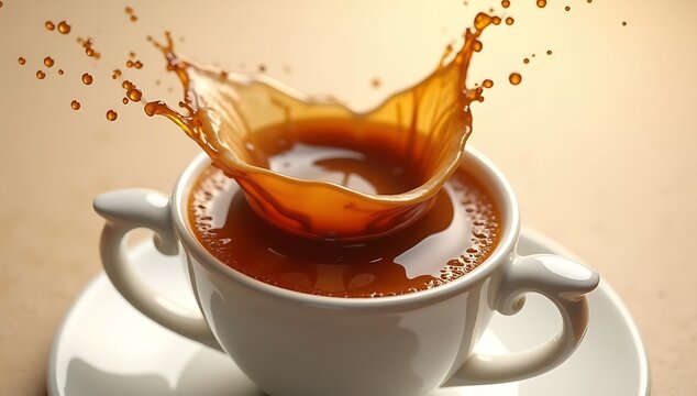 Hyperrealistic close-up of coffee splashing in a white porcelain cup.