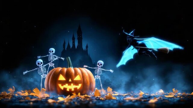 Three skeletons dancing around illuminated Halloween pumpkin against flying witch and spooky castle. Night scene. Samhain