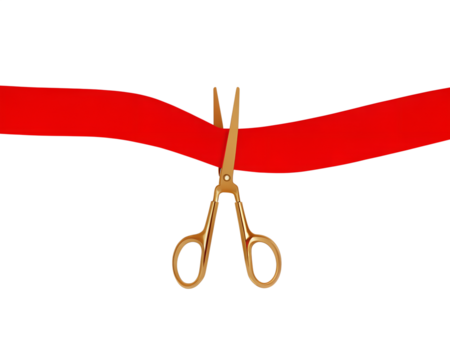 une paire de ciseaux dorés en train de couper un rubans rouge pour une inauguration - rendu 3D - Fond transparent