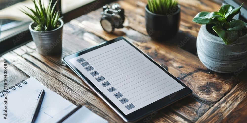Poster a tablet displaying a media player interface on a wooden table with decorative items and a pen.