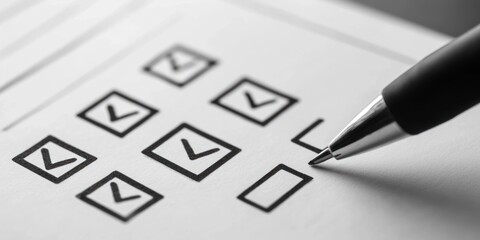 A close-up of a pen marking a checkbox on a form, with several checkboxes already checked.