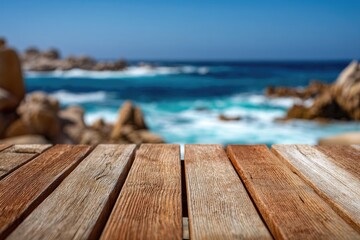 Fototapeta premium Wooden deck overlooking a vibrant seaside