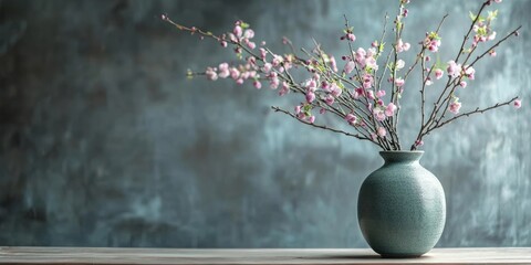 A vase with pink blossoms on a wooden surface against a textured blue background.
