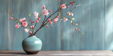 A vase with pink cherry blossoms on a wooden surface against a blue wooden backdrop.
