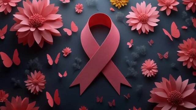 Pink ribbon surrounded by paper flowers and butterflies. Breast cancer awareness month concept for health support and charity fund. - Powered by Adobe
