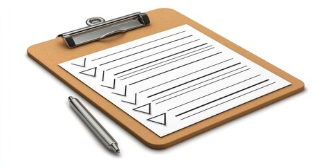 A clipboard with a checklist and a pen on a plain background.