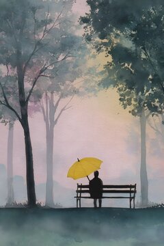 Watercolor Silhouette of Person on Park Bench with Umbrella, Generative AI