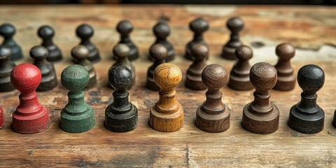 A collection of chess pieces arranged in a row on a wooden surface, showcasing a variety of colors and materials.