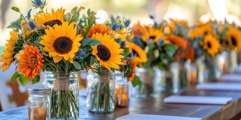 Sunflowers in jars on a table, with a blurred natural background, suggesting an outdoor setting. The arrangement is symmetrical, creating a balanced and aesthetically pleasing composition.