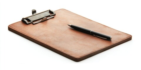 A clipboard with a pen on a wooden surface, set against a white background.