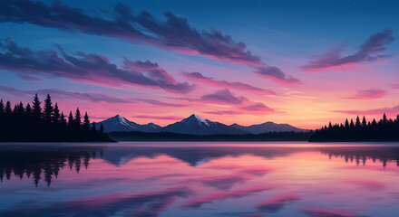 Stunning view of Mount Hood and Mount Adams during sunset reflected on Spirit Lake