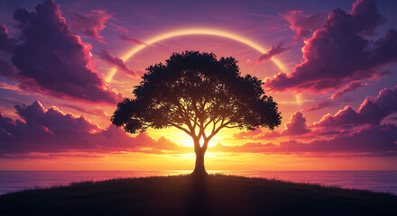 Beautiful single tree silhouette against stunning sunset sky