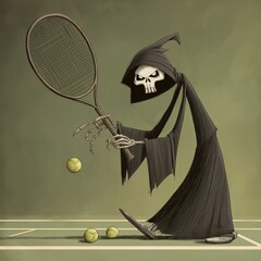 Grim Reaper Tennis Illustration: Dark Humor Skeleton Character with Tennis Racket in Whimsical Cartoon Style on Green Background - Unique Digital Fantasy Art