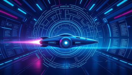 Obraz premium A futuristic spacecraft flies through a digital neon tunnel at high speed
