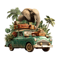 Elephant, vintage car, luggage, jungle, adventure travel