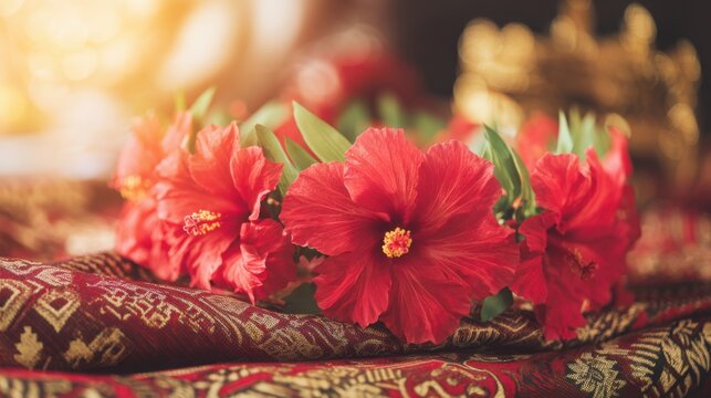 Vibrant hibiscus flower crown on rich batik fabric, bathed in warm sunlight with tropical leaf bokeh.